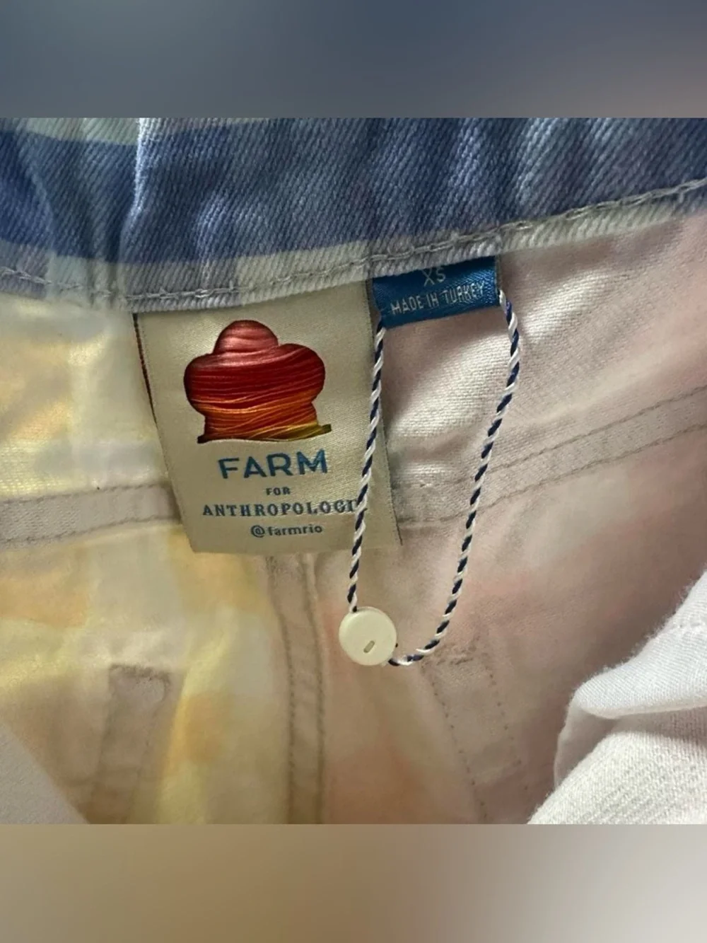 NWT FARM Rio Pastel Gingham Colorblock Denim Shorts - Yellow, Coral & Light Blue